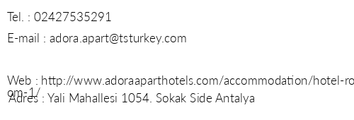 Adora Apart Hotel telefon numaralar, faks, e-mail, posta adresi ve iletiim bilgileri